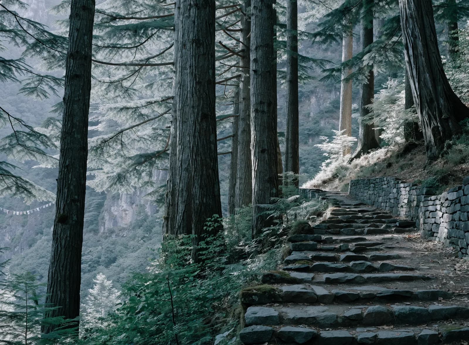 Worn stone steps climbing through deodar cedar forest on a Himalayan hillside, with prayer flags strung between the trunks