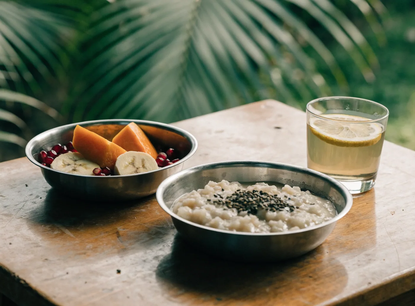 A vegetarian breakfast of fresh papaya, banana and pomegranate with porridge and herbal tea, of the kind served before morning practice