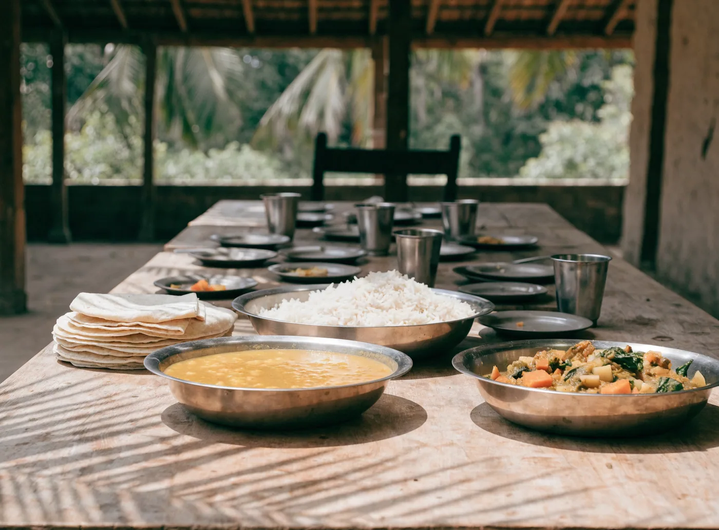 A communal vegetarian meal laid out on a long table — dal, rice, vegetable curry and chapatis in steel serving bowls