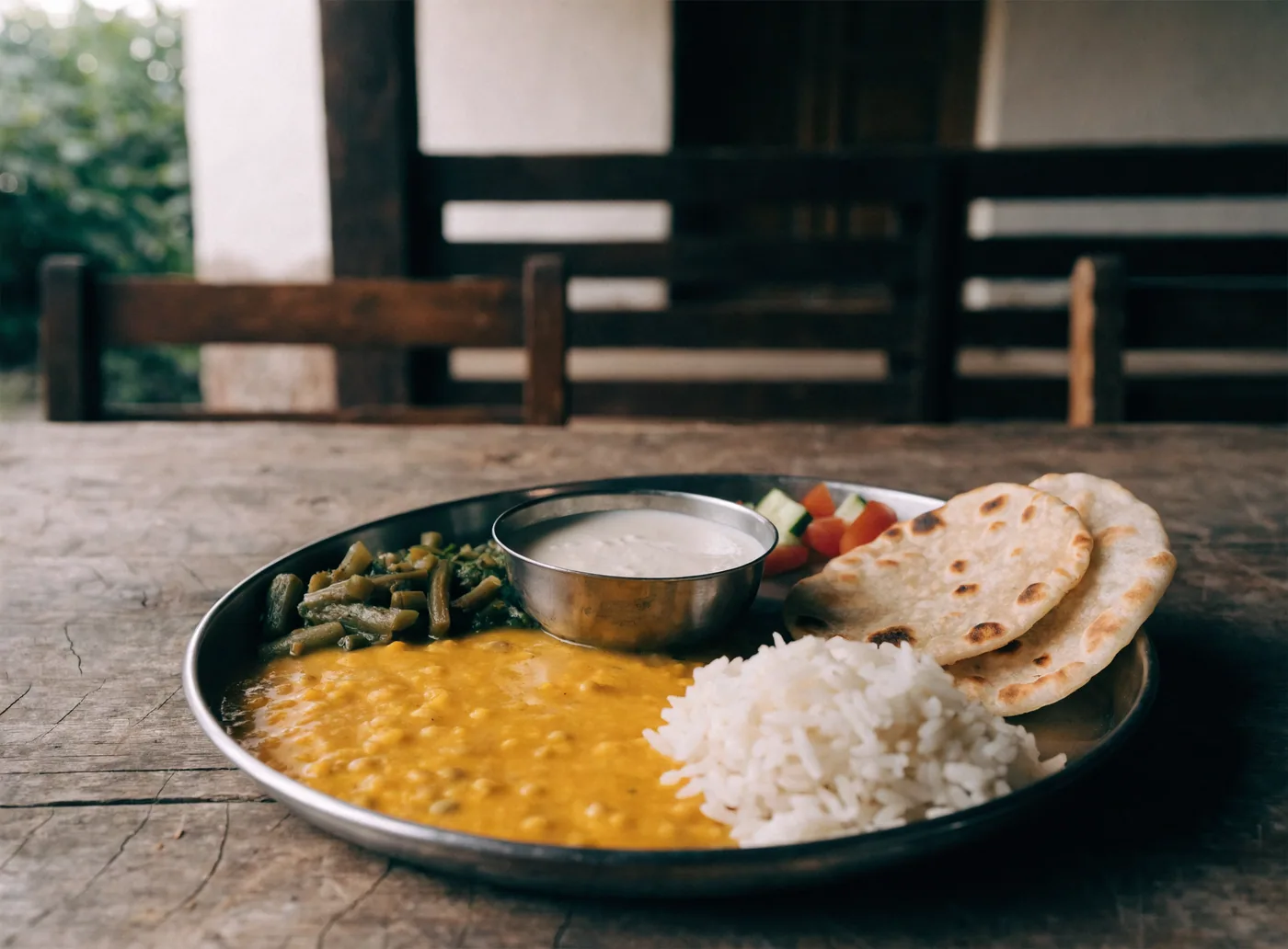 A vegetarian thali on a steel plate — dal, rice, a green vegetable, chapatis, salad and curd — of the kind served at the school